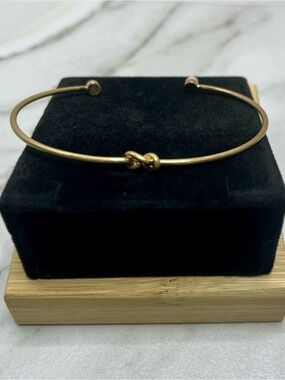 Gold Tone Bead & Knot Cuff Bracelet Minimalist Boho Open Bangle